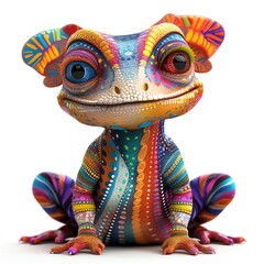 Obraz premium Create a whimsical lizard in cartoonish style be vibrant color stripes, colorful belly, joyful expression with colored inner parts set on white background