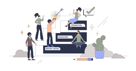 Career ladder and personal job development tiny person neubrutalism concept, transparent background. Successful growth from entry level to manager and director illustration.