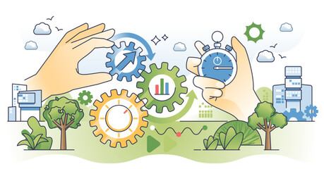 Productivity improvement for high work efficiency outline hands concept, transparent background. Productive job management with precise time optimization and process analysis illustration.