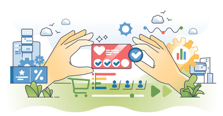 Customer loyalty programs and shopping discount cards outline hands concept, transparent background. Satisfaction from clients from bonus and reward prizes illustration.