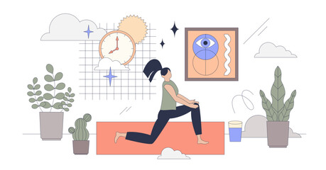 Yoga for beginners and stretching activities tiny person neubrutalism concept, transparent background. Balance and strength exercises with correct posture practices illustration.