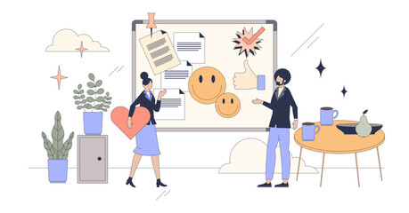 Employee engagement and work satisfaction tiny peron neubrutalism concept, transparent background. Team management for job happiness, loyalty and appreciation illustration.