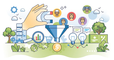 Conversion rate optimization or CRO for website sales boost outline concept, transparent background. Increase earnings with customer or visitor engagement and flow analytics illustration.