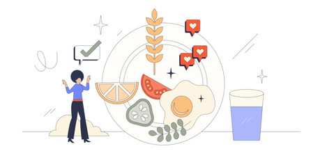 Healthy eating habits with nutritious food tiny person neubrutalism concept, transparent background. Preparing balanced meal with wholegrain, vegetables, eggs and fresh ingredients illustration.