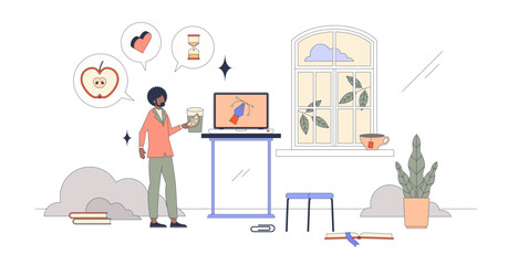Healthy work habits for daily routine in office tiny person neubrutalism concept, transparent background. Standing desk, healthy snacks and drink plenty of water.