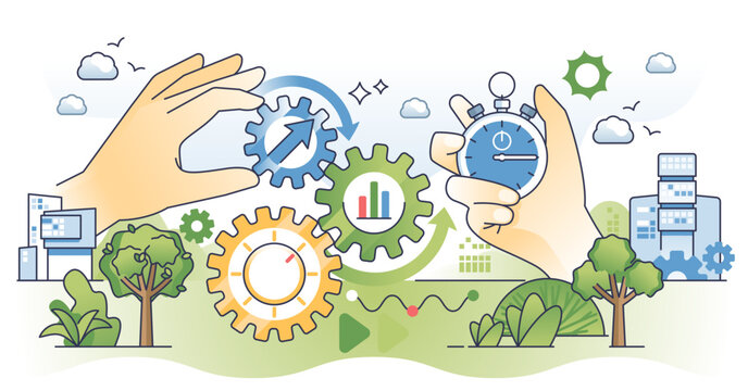 Productivity improvement for high work efficiency outline hands concept, transparent background. Productive job management with precise time optimization and process analysis illustration.