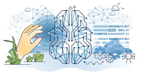 Machine learning algorithms for artificial intelligence outline hands concept, transparent background. AI technology development with big data integration for smart assistance model illustration.