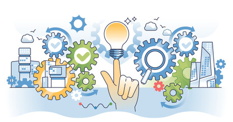 Critical thinking skills for effective work solution outline hands concept, transparent background.Innovation and discovery for productive business development illustration.