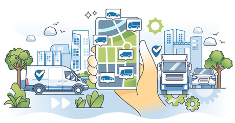 Fleet tracking with GPS location or navigation services outline hands concept, transparent background. Logistic efficiency system.