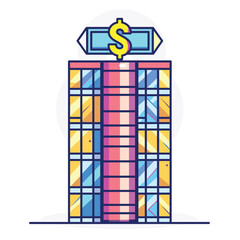 Colorful skyscraper building topped neon dollar sign, representing commercial real estate, business finance, downtown corporate office structure. Stylized vector illustration, vibrant colors, clear