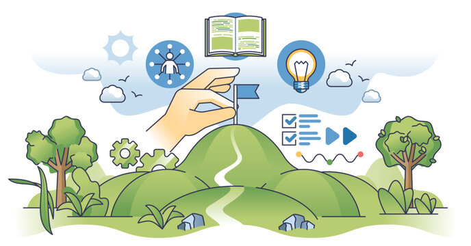 Leadership development with successful business path outline hands concept, transparent background. Mountain as goal or target to reach illustration. Journey with vision and career progress.