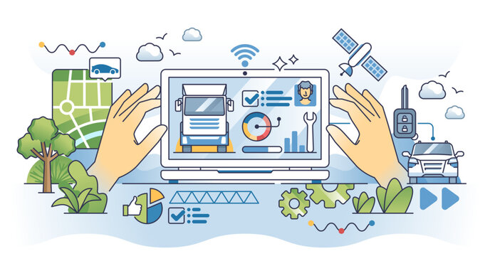 Fleet management software for effective monitoring outline hands concept, transparent background. Logistics cargo vehicles location detection, fuel level check or efficiency research.