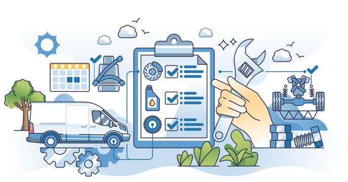 Fleet maintenance for logistic trucks working order outline hands concept, transparent background. Transportation cargo vehicles annual service diagnostics like wheel.