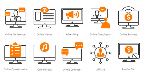 A set of 10 mix icons as online conference, online viewer, advertising