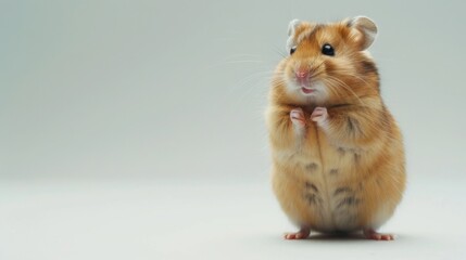 A golden hamster stands on its hind legs, looking up with its front paws raised. Its a close-up shot with a white background.