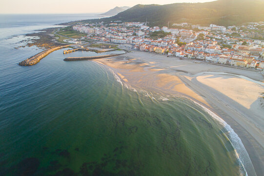 Aerial view from drone of the empty beach at sunrise. Vila Praia de Ancora, Caminha council. Portugal