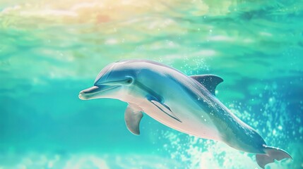 Naklejka premium A playful dolphin abstract wallpaper in pastel blues and greens, creating a refreshing and lively oceanic feel.