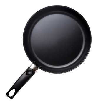 Black frying pan with a non-stick teflon coating, isolated on white background