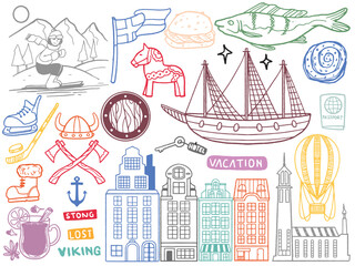 Hand drawn set of doodle travel to Sweden set travel outline doodle Tourism and summer adventure.