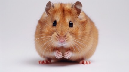 A close-up photo of a golden hamster sitting on a white surface, looking directly at the camera. The hamster has a fluffy coat and cute, beady eyes.