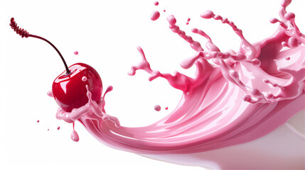 Red fresh cherry fruit with pink milk splash isolated on white.