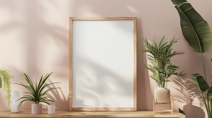 Blank wooden a4 frame mockup interior background, 3d rendering. Blank vertical painting plaque mock up. 