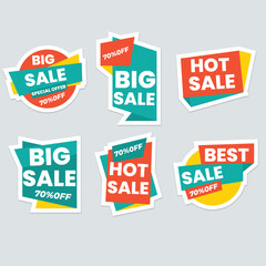 Set of vector red starburst, sunburst badges. Simple flat style vintage labels, stickers with sale discount text. Sale quality tags and labels. Template banner shopping badges.