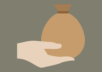 Mano dando un saco de dinero en fondo marrón.