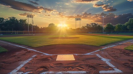 Backdrop, softball field, sunrise. Generative AI.