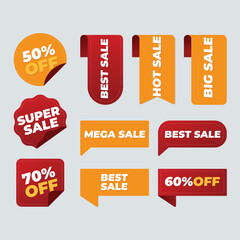Set of vector red starburst, sunburst badges. Simple flat style vintage labels, stickers with sale discount text. Sale quality tags and labels. Template banner shopping badges.
