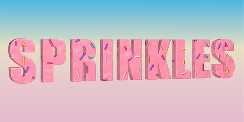 3 d illustration of word made of multicolor sugar sprinkles with confetti isolated on pink background