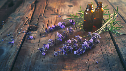 Essential Oils and Lavender Flowers on Wooden Table