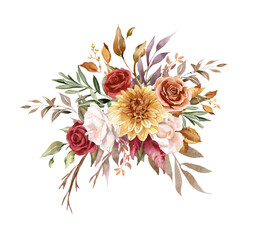 Autumn floral bouquet with dahlia, rose and fall leaves in watercolor illustration
