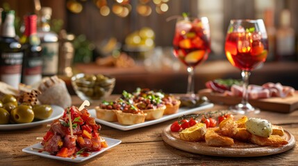 A Lively Spanish Tapas Bar With Small Plates Of Patatas Bravas, Jamón Ibérico, And A Glass Of Sangria