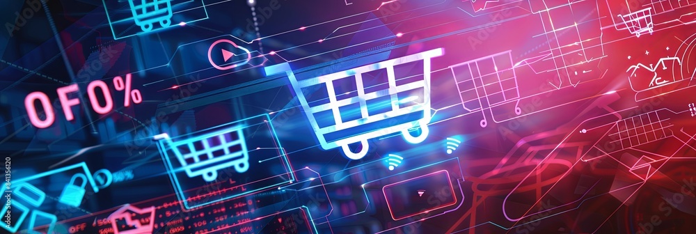 Aufkleber abstract background with digital shopping carts, product icons, and bold 50 off text. generative ai