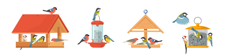 Wooden feeders with birds. Colorful houses with tits, bullfinches and goldfinches, winter care and fertilizing, places for grains, different birdhouse, cartoon flat isolated vector set © YummyBuum