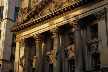 Warm sunlight bathes an ornate building's classical columns and detailed stonework