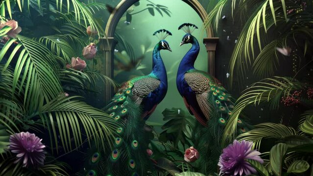 tropical leaves greenery with green leaves and colorful peacock birds over black background