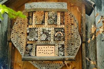 A wooden box of a beehive with holes in it placed against a 