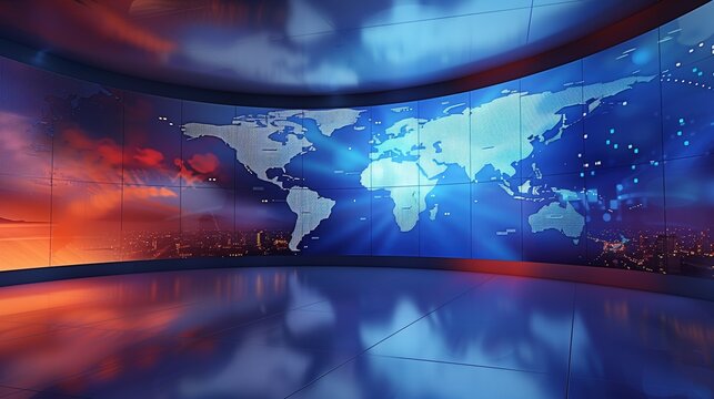 Futuristic News Studio with World Map Backdrop in Blue - Ideal for Zoom Virtual Backgrounds, Technology, Connectivity, 16:9 Aspect Ratio