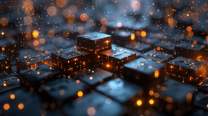 Futuristic Background with Grey Golden Cubes and Dots