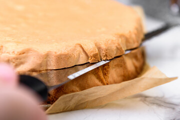 Sliced sponge cake with knife for making cake on white table.