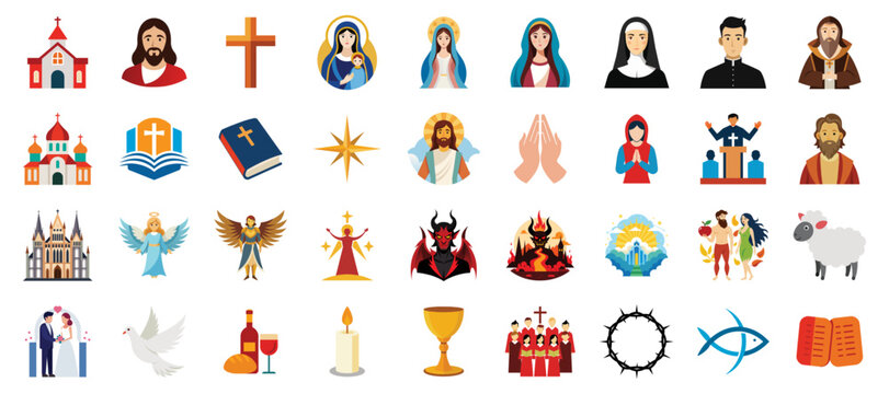 Christianity Icons set, vector flat cartoon illustration. Christian religion - Jesus, Virgin Mary, Bible, church, priest, Adam and Eve, cross, Bethlehem star, praying hands, gospel.
