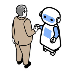 ロボットと握手するシニア男性