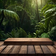 Wooden shelf in tropical forest for product presentation and dark green background