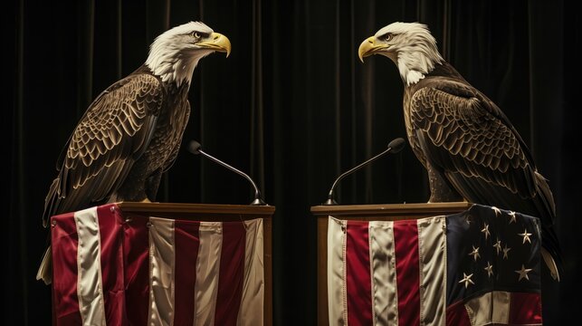 two Bald Eagle wears a politician's outfit and debates battle on podium stage with the American flag.