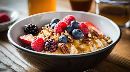 Photograph of a bowl of oatmeal topped with fresh berries, nuts, and a drizzle of honey