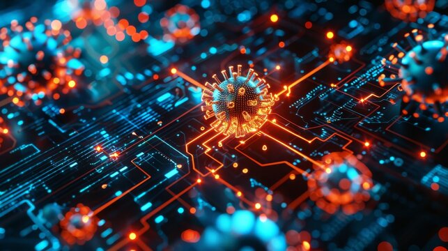 Virus Cyberattack in the abstract representing cybersecurity on a computer system a digital cybersecurity war in the electronic realm