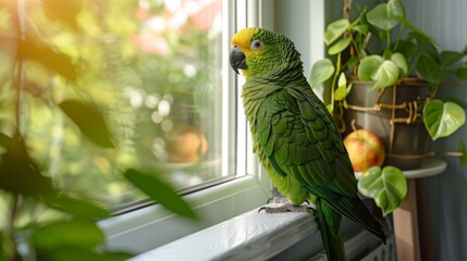 A green parrot with a yellow head sits on a windowsill, looking out at a sunny, leafy view.
