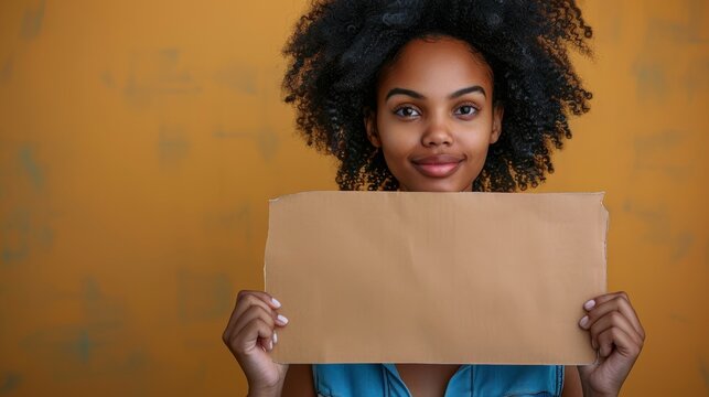 An Africa-American female holding a large empty message board in her both hands with the strong facial expression of supportive over plain background. Voting campaign promotion concept. 